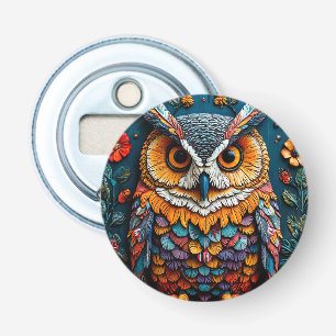 Kleurrijk Kunstwerk van een Uil met Ingewikkelde D Button Flesopener