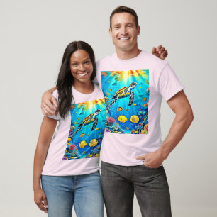 Kleurrijk Kunstwerk van Zeeschildpad en Koraalrif T-shirt