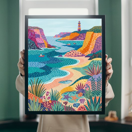 Kleurrijk kustvolkskunst Vuurtoren Strand Canvas Poster