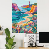 Kleurrijk kustvolkskunst Vuurtoren Strand Canvas Poster (Thuiskantoor)
