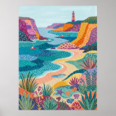 Kleurrijk kustvolkskunst Vuurtoren Strand Canvas Poster (Voorkant)