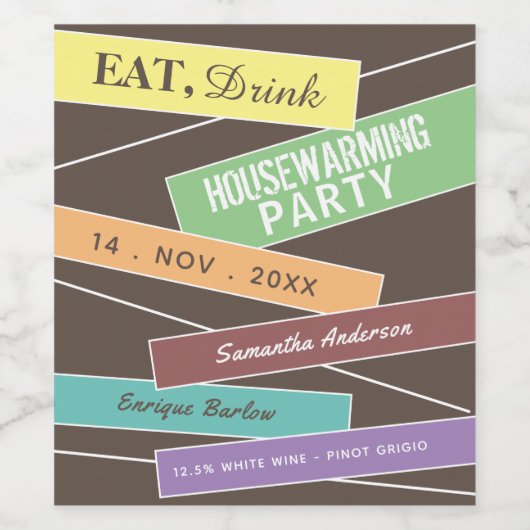 Kleurrijk Label, Housewarming Party Wijn Etiket (Enkel label)