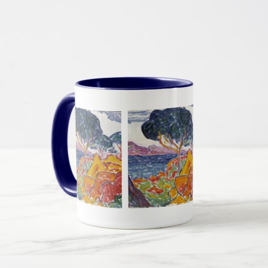 Kleurrijk  landschapsschilderwerk in gebergte mok (Voorkant links)