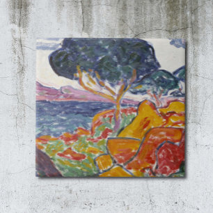 Kleurrijk landschapsschilderwerk in gebergte tegeltje