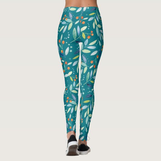 Kleurrijk leder en Oranje bessen botanisch patroon Leggings (Achterkant)