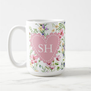 Kleurrijk Lentebloem Watercolor Patroon Monogram Koffiemok