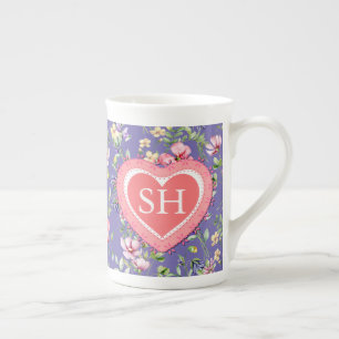 Kleurrijk Lentebloem Watercolor Patroon Monogram Porselein Kop