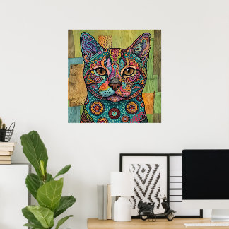 Kleurrijk Mandala Kat Portret Levendig Wandkunst Poster