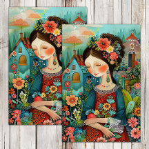 KLEURRIJK MEISJE IN BLOEMEN TUIN DECOUPAGE