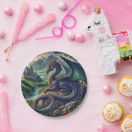 Kleurrijk, middeleeuws Drakenkasteel Papieren Bordje (Feest)