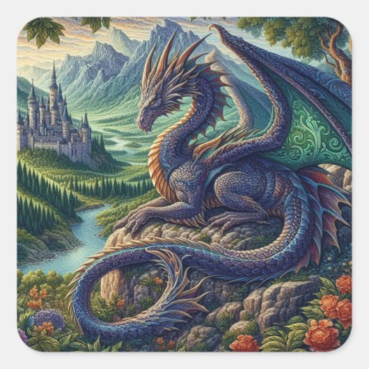 Kleurrijk, middeleeuws Drakenkasteel Vierkante Sticker (Voorkant)