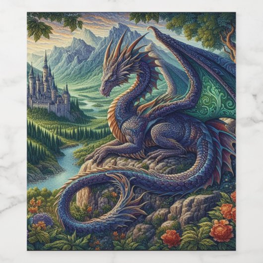 Kleurrijk, middeleeuws Drakenkasteel Wijn Etiket (Enkel label)