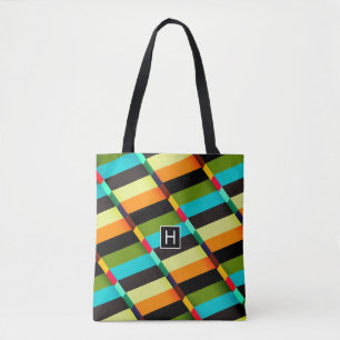 Kleurrijk modern abstracte strepen & monogram tote bag