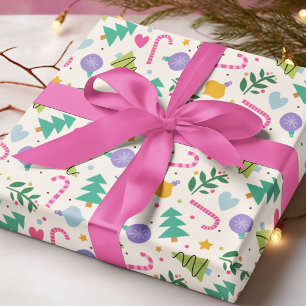 Kleurrijk Modern Kerstpatroon Boom Snoeprietje Cadeaupapier
