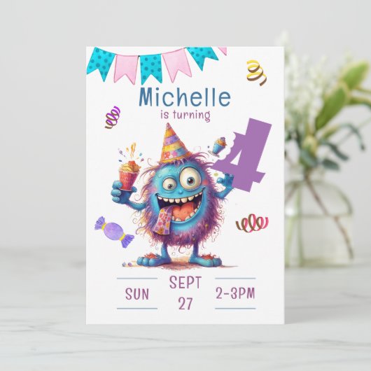 Kleurrijk Monster Vier jaar Verjaardag Uitnodiging (Staand voorkant)