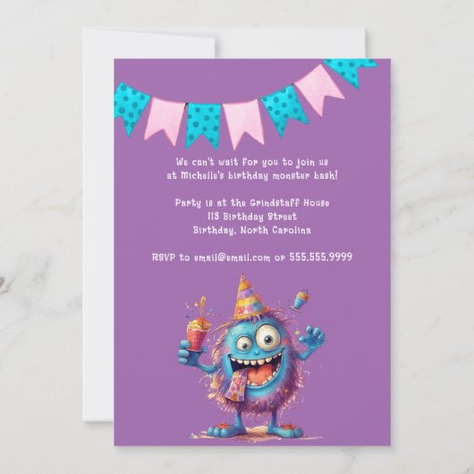 Kleurrijk Monster Vier jaar Verjaardag Uitnodiging (Achterkant)