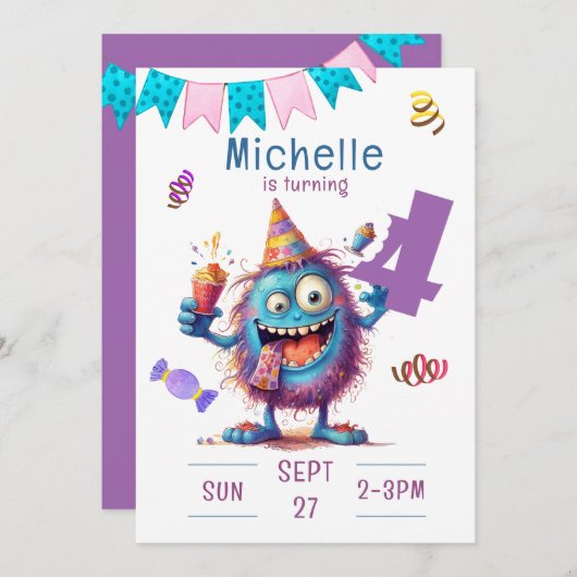Kleurrijk Monster Vier jaar Verjaardag Uitnodiging (Voorkant / Achterkant)