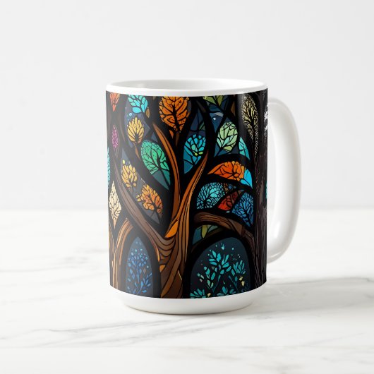 Kleurrijk Mozaïek Glas in lood Tree effect ontwerp Koffiemok (Voorkant rechts)