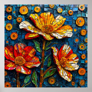 Kleurrijk mozaïekwerk met levendige bloemen poster