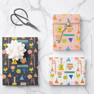 Kleurrijk muzikaal verjaardagsfeestje inpakpapier vel