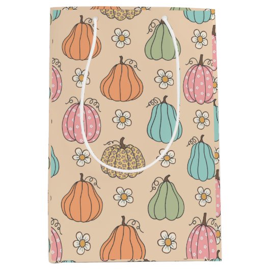 Kleurrijk neutraal beige pompoenpatroon medium cadeauzakje (Voorkant)