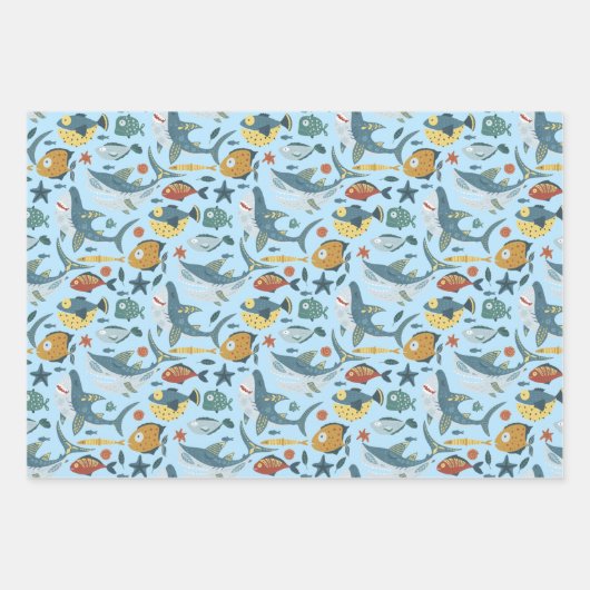 Kleurrijk onder het Zee Shark Ocean Blue Pattern Inpakpapier Vel (Voorkant 3)