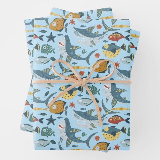 Kleurrijk onder het Zee Shark Ocean Blue Pattern Inpakpapier Vel (In situ)