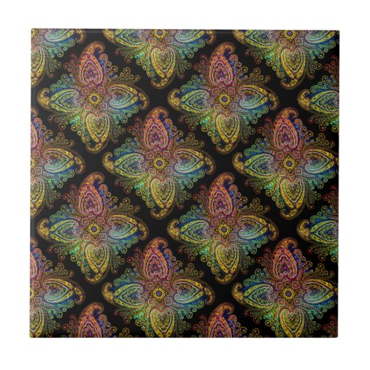 Kleurrijk paisleyontwerp op zwart tegeltje (Voorkant)