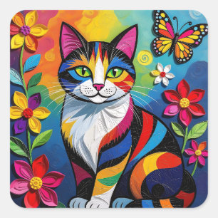 Kleurrijk papieren kat, bloemen en vlinders vierkante sticker