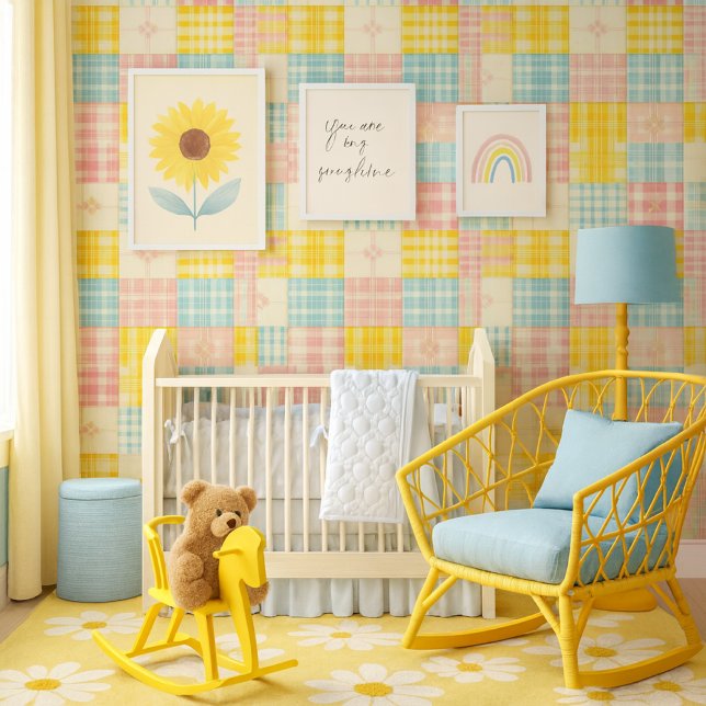 Kleurrijk Patchwork Plaid Babykamer   Behang ( Cheerful pastel patchwork wallpaper adds playful charm and spring color to any nursery )