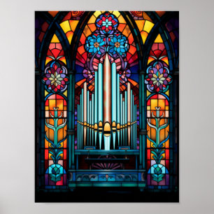 Kleurrijk pijporgel kathedraal glas-in-lood kunst poster
