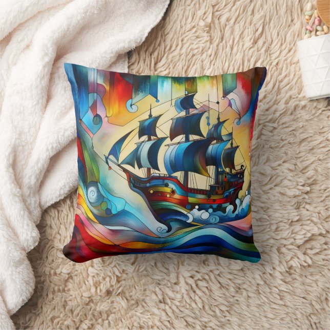 Kleurrijk piratenschip in Abstracte golven Kussen (Deken)