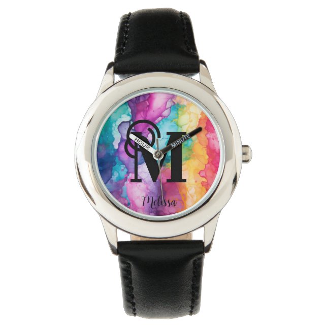Kleurrijk regenboogmonogram horloge (Voorkant)