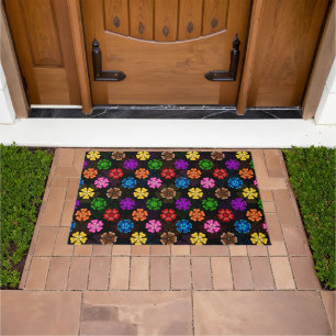 Kleurrijk Retro Regenboog Bloemen Design Zwart Deurmat