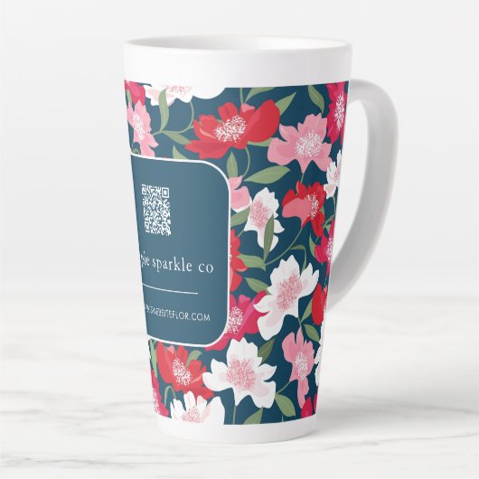 Kleurrijk rood bloemenpatroon QR Code Business Latte Mok (Rechterhoek)
