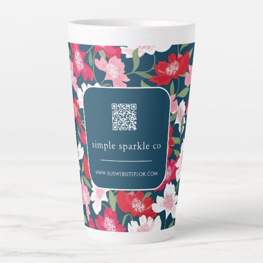 Kleurrijk rood bloemenpatroon QR Code Business Latte Mok (Voorkant)