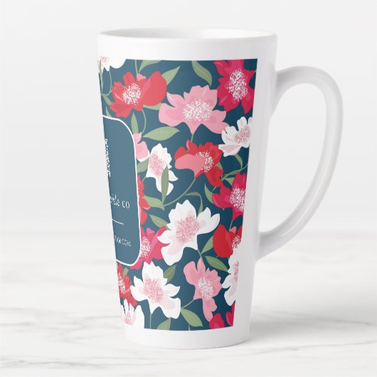 Kleurrijk rood bloemenpatroon QR Code Business Latte Mok (Rechts)