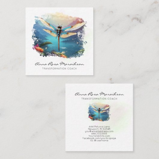 *~* Kleurrijk schilderij Lotus Abstract Dragonfly Vierkante Visitekaartje (Voorkant / Achterkant)