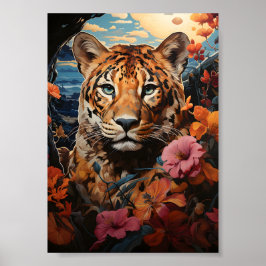 Kleurrijk schilderij met tijger en bloemen bij zon poster