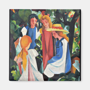 Kleurrijk schilderij van August Macke, Vier Meisje Magneet
