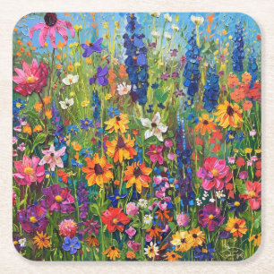 Kleurrijk schilderij van een bloemenveld vierkante kartonnen onderzetter