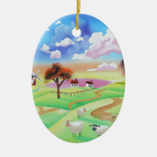 Kleurrijk schilderij van koe en schapen Gordon Bru Keramisch Ornament