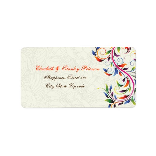 Kleurrijk scroll blad op ecru bruiloft label (Voorkant)