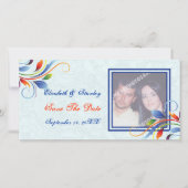 Kleurrijk scrollblad bleek blauw Save the Date (Voorkant)