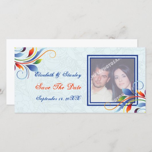 Kleurrijk scrollblad bleek blauw Save the Date (Voorkant / Achterkant)