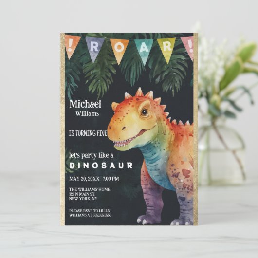 Kleurrijk Sinaasappel Zwart Dino Banner Verjaardag Kaart (Staand voorkant)