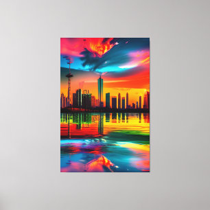 Kleurrijk stadslandschap kunst bij zonsondergang canvas afdruk