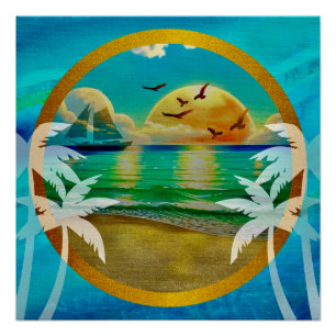 Kleurrijk strand met een palmboom en een zon perfect poster