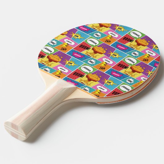 Kleurrijk stripboek Gepersonaliseerde naam Pop Art Tafeltennisbatje (Voorkant Gekanteld)
