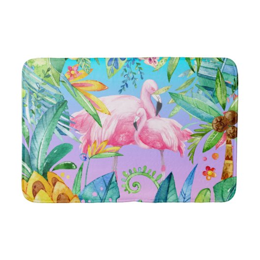 Kleurrijk tropisch Oerwoud met roze flamingo's Badmat (Voorkant)
